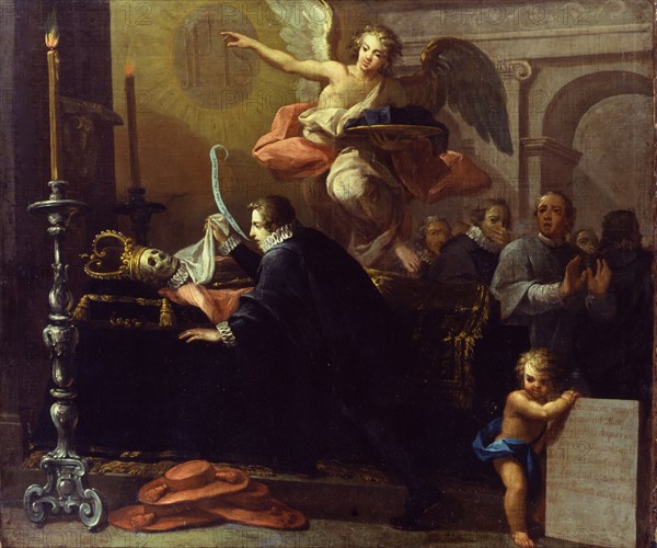 Palomino y Velasco, Saint Francis Borgia s'agenouillant devant le corps décomposé de l'impératrice Isabelle d'Espagne, épouse de Charles Quint