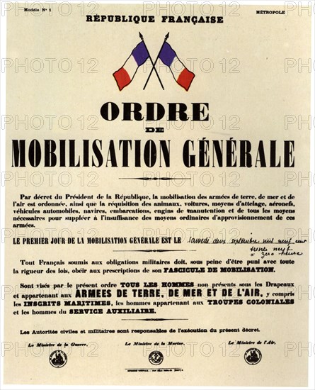 Affiche annonçant l'ordre de mobilisation générale, le 2 septembre 1939