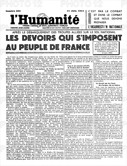 Cover of the French newspaper "L'Humanité" after the allied landings