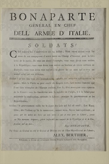 First proclamation of Bonaparte at the head of the campaign of Italy (1796)
