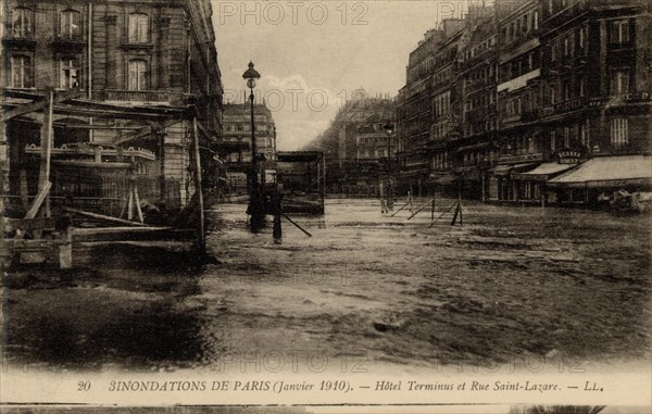 Paris, La rue Saint-Lazare lors de la grande crue de janvier 1910