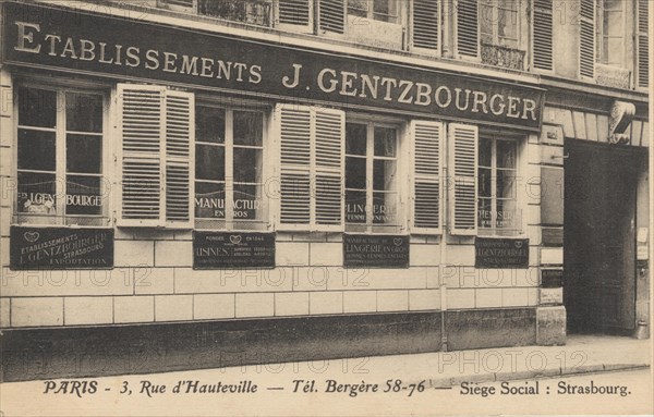 Paris, Devanture des établissements J. Gentzbourger, rue d'Hauteville