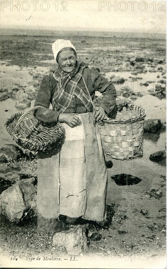 Old woman collecting mussels