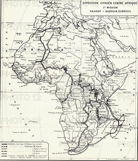 Tracé sur la Carte de l'Afrique pour l'expédition Citroën en Centre Afrique, 2ème mission