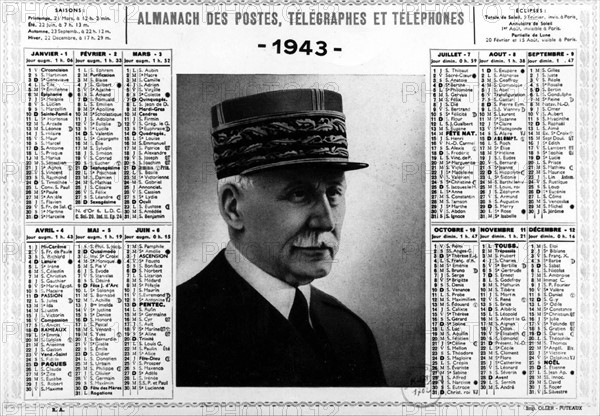 Almanach of the French post, telegraphe and telephone office bearing a portrait of Marshal Pétain
1943