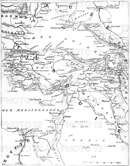 World War I. Geographical map on Turkish intervention