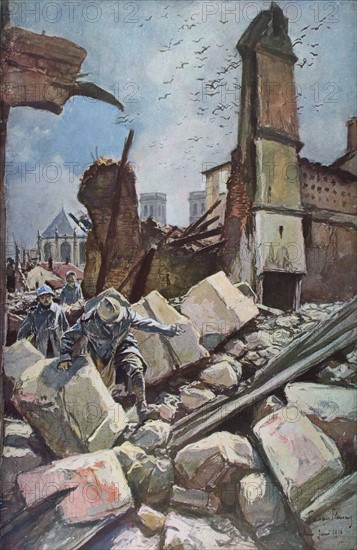 François Flameng, soldats sur les remparts en ruine de Verdun