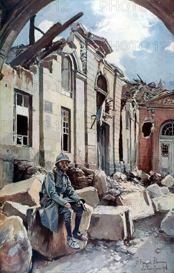 François Flameng, At Verdun, soldiers resting in the bishop's palace in ruin.