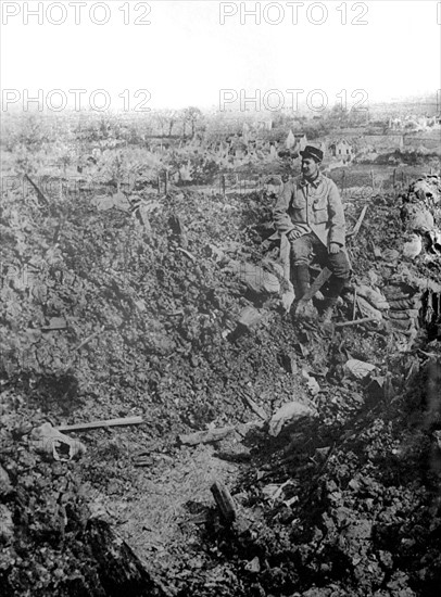 World War I. The ruins of Carency seen from a former German trench at hill 125.