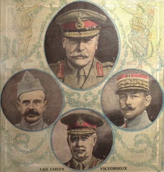 Première Guerre Mondiale. Le maréchal Douglas Haig, à gauche, le général Debeney (1ère armée française), en bas, le général H. Rawlinson (4ème armée anglaise), à droite, le général Humbert (3ème armée française)