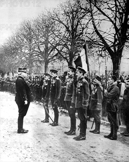 World War I. French General Joffre decorating Russian officers (1916)