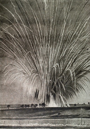 World War I. Explosion of incendiary grenades photographed from a distance of 200 meters (1918)