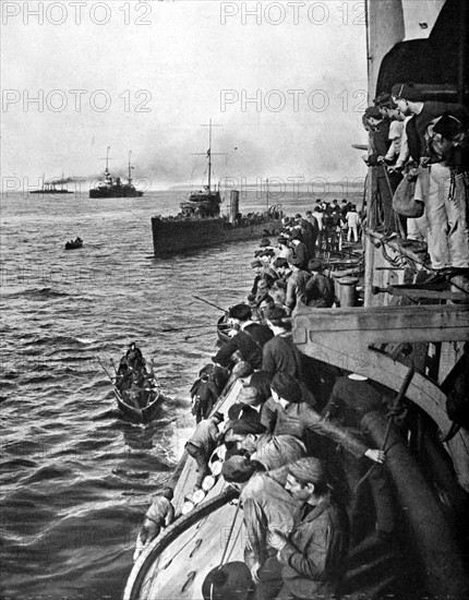 World War I. The Anglo-French fleet attacking the Dardanelles forts