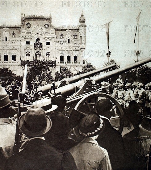 World War I. King Ferdinand of Rumania passing his  artillery in review (1916)