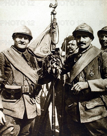 World War I. The pennant of the 1st Infantry decorated with the fourragère and Military Cross, in Picardy (1916)