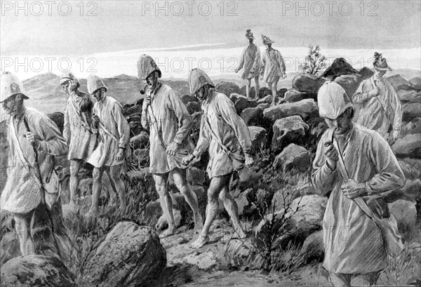 Guerre des Boers. Au Transvaal, après le combat, les soldats anglais, prisonniers des Boers (1901)