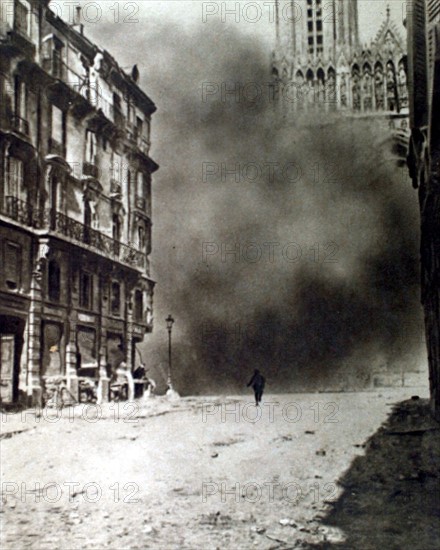 World War I. Rheims Cathedral during the bombardment (1917)