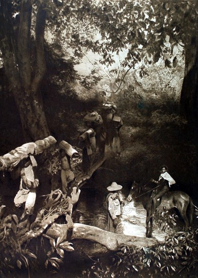 En Afrique, porteurs passant une rivière sur un pont de branchages, aux confins du Congo français (1920)