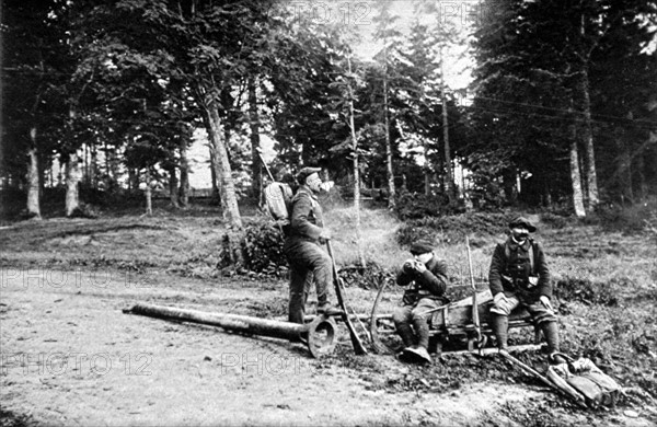 World War I. In Alsace, French soldiers removing German signs at the Bonhomme Pass