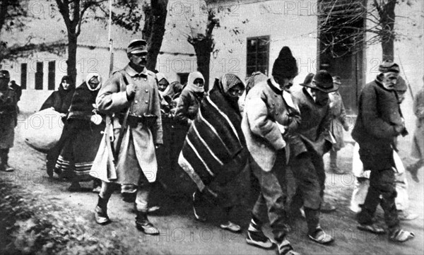 World War I. Austrians having crossed the Danube,  taking Serb peasants into captivity (1915)