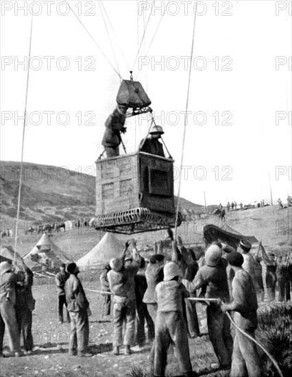 Guerre du Rif. Deux officiers, dans la nacelle d'un ballon, vont aller observer les mouvements de Rifains (1925)