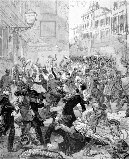 Brawl in front of the police station, rue de la Roquette, in "Le Monde illustré", 1-21-1882