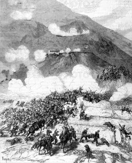 Primo de Riveyra et les cazadores de Barbastro et Puerto Rico enlèvent à la baïonnette la première tranchée carliste de Las Cortès en Espagne, in "Le Monde illustré" du 11 avril 1874