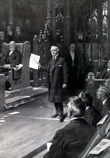 M. Asquith, premier ministre, présente à la Chambre des Communes de Londres,  le message du nouveau roi, George V, annonçant la mort d'Edouard VII (11 mai 1910)