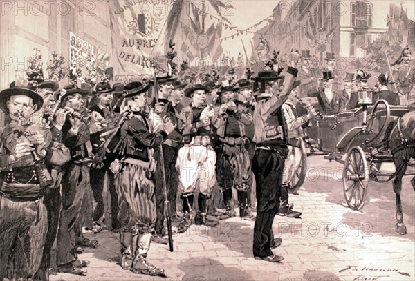 The "sonneurs bretons" (Breton musicians) welcoming President Félix Faure in Brest (1896)