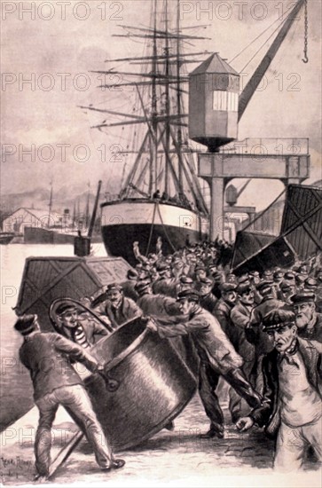 Rioters throwing coal wagons and crane skips into the water, during strikers' demonstrations in Dunkirk, October 23, 1902