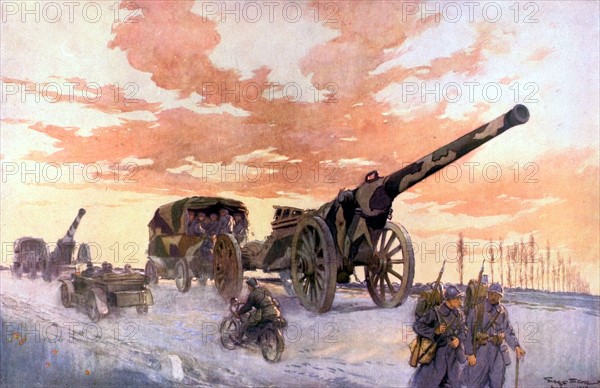 Première Guerre Mondiale. 
Convoi d'artillerie automobile (aquarelle de Georges Scott, 1918).