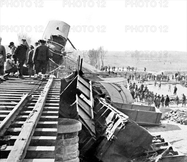 Anarchist attack, 1912. A train blown up by dynamite on a bridge near Chan-Kai-Kouan, in China