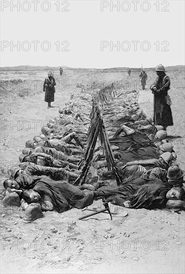 Guerre du Transvaal. 
Soldats anglais dormant en plein champ devant Colesberg, en 1900.