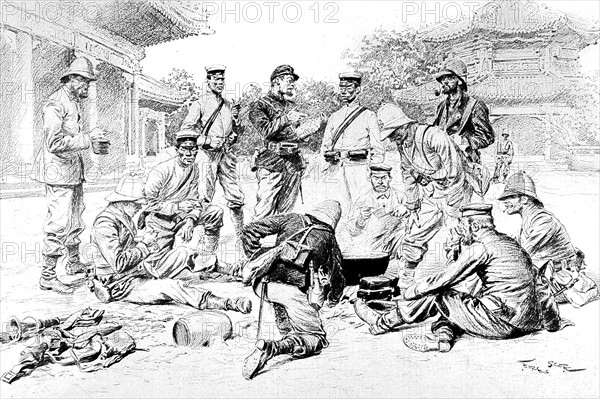 Révolte des Boxers.
L'occupation de Pékin par les troupes françaises, allemandes et japonaises, en 1900.
