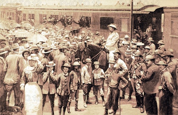 Guerre du Transvaal. Le commandant de Johannesburg assistant au départ d'un commando boer