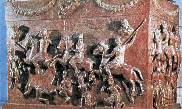 Bas-relief sur sarcophage, scène de combat entre Romains et Germains