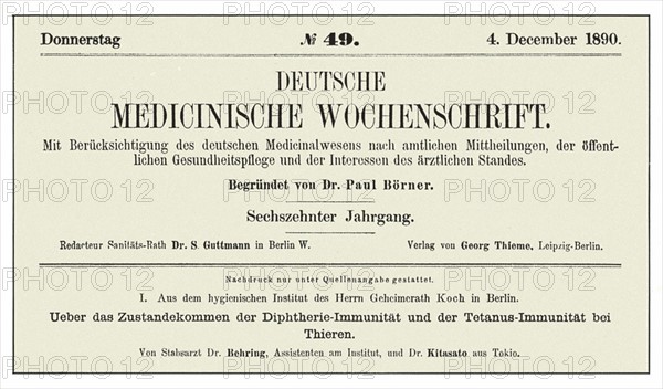 Les travaux de Behring et Kitasato au sujet de la découverte de la diphtérie et du tétanos