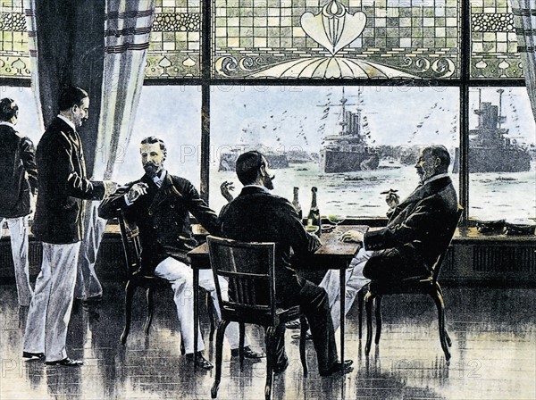 Edouard VII, roi d'Angleterre, en compagnie du Prince Heinrich de Prusse, au Yacht Club de Kiel en Allemagne