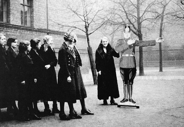 German schoolgirls during a lesson about traffic safety