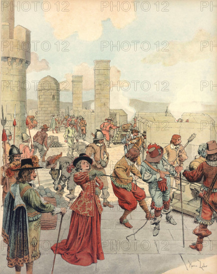 From the Bastille, in Paris, Anne Marie Louise d'Orléans, Duchess of Montpensier, gives the order to fire on the royal army in order to protect her cousin, le Grand Condé.

4 July 1652

Illustration by Maurice Leloir, published in the book "Le Roy Soleil" by Gustave Toudouze and edited by Boivin in 1917.