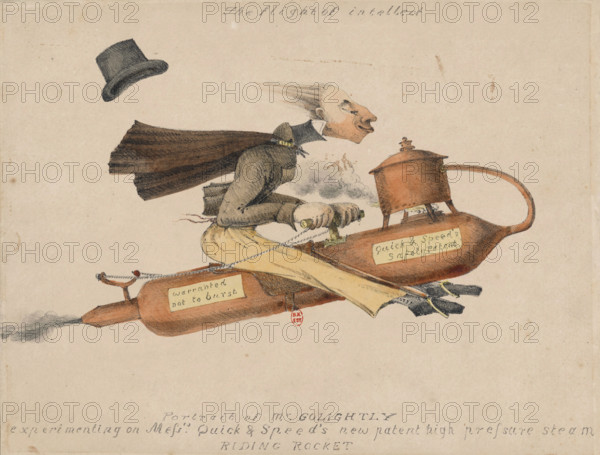The flight of intellect: Portrait of Mr. Golightly, experimenting on Mess Quicks & Speeds new patent high pressure Steam riding rocket