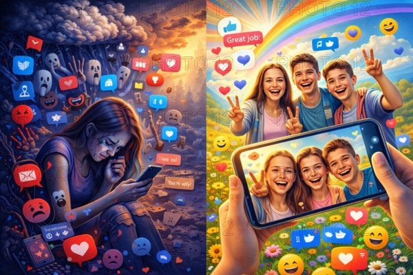 Les effets positifs et négatifs des réseaux sociaux (image AI)