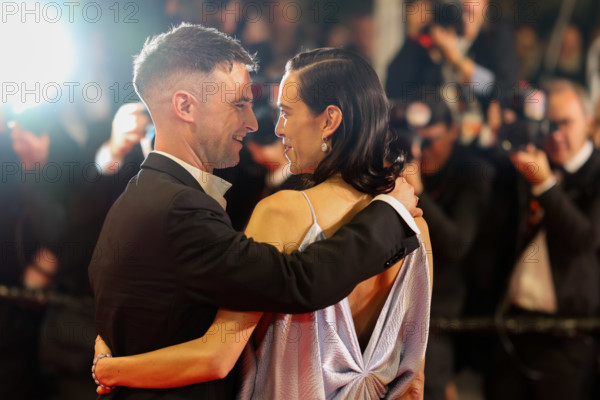Tom Sturridge and Alexa Chung (in Christian Dior) depart the "The Man I Love" screening during the 79th annual Cannes Film Festival at Palais des Festivals on May 20, 2026 in Cannes, France.