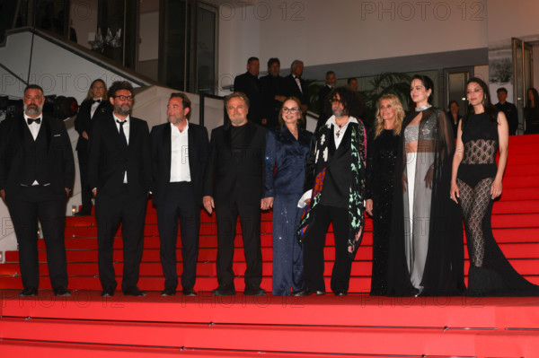 Mathieu Verhaeghe, Thomas Verhaeghe, Franco Nero, Ornella Muti (in Solangel), Bertrand Mandico, Noémie Merlant (in custom Louis Vuitton), Isabella Ferrari (in custom Saint Laurent) and Marion Cotillard (in custom Chanel) attend the "Roma Elastica" screening during the 79th annual Cannes Film Festival at Palais des Festivals on May 20, 2026 in Cannes, France