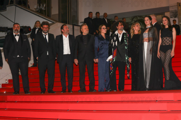 Mathieu Verhaeghe, Thomas Verhaeghe, Franco Nero, Ornella Muti (in Solangel), Bertrand Mandico, Noémie Merlant (in custom Louis Vuitton), Isabella Ferrari (in custom Saint Laurent) and Marion Cotillard (in custom Chanel) attend the "Roma Elastica" screening during the 79th annual Cannes Film Festival at Palais des Festivals on May 20, 2026 in Cannes, France