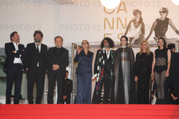 Mathieu Verhaeghe, Thomas Verhaeghe, Franco Nero, Ornella Muti (in Solangel), Bertrand Mandico, Noémie Merlant (in custom Louis Vuitton), Isabella Ferrari (in custom Saint Laurent) and Marion Cotillard (in custom Chanel) attend the "Roma Elastica" screening during the 79th annual Cannes Film Festival at Palais des Festivals on May 20, 2026 in Cannes, France