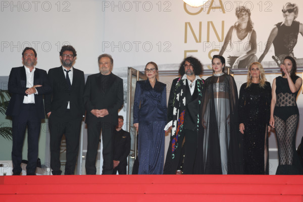 Mathieu Verhaeghe, Thomas Verhaeghe, Franco Nero, Ornella Muti (in Solangel), Bertrand Mandico, Noémie Merlant (in custom Louis Vuitton), Isabella Ferrari (in custom Saint Laurent) and Marion Cotillard (in custom Chanel) attend the "Roma Elastica" screening during the 79th annual Cannes Film Festival at Palais des Festivals on May 20, 2026 in Cannes, France