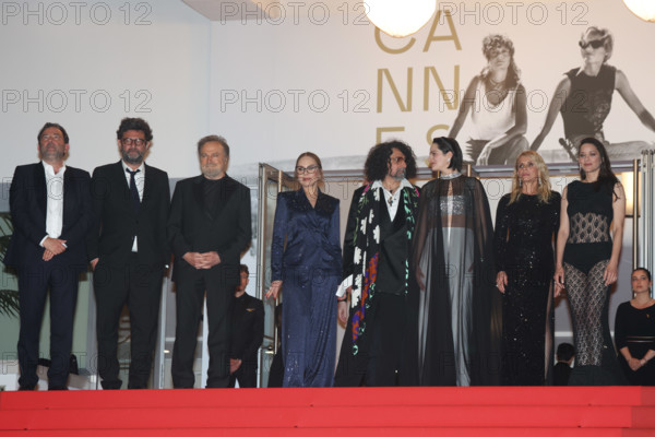Mathieu Verhaeghe, Thomas Verhaeghe, Franco Nero, Ornella Muti (in Solangel), Bertrand Mandico, Noémie Merlant (in custom Louis Vuitton), Isabella Ferrari (in custom Saint Laurent) and Marion Cotillard (in custom Chanel) attend the "Roma Elastica" screening during the 79th annual Cannes Film Festival at Palais des Festivals on May 20, 2026 in Cannes, France