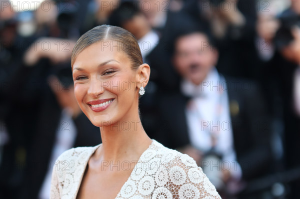 Bella Hadid (Schiaparelli dress by Daniel Roseberry) attends the "La Bataille De Gaulle: L'Âge De Fer" (De Gaulle: Tilting Iron) screening during the 79th annual Cannes Film Festival at Palais des Festivals on May 20, 2026 in Cannes, France