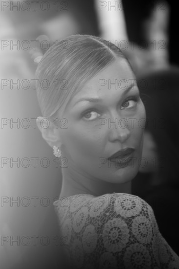 Bella Hadid (Schiaparelli dress by Daniel Roseberry) attends the "La Bataille De Gaulle: L'Âge De Fer" (De Gaulle: Tilting Iron) screening during the 79th annual Cannes Film Festival at Palais des Festivals on May 20, 2026 in Cannes, France